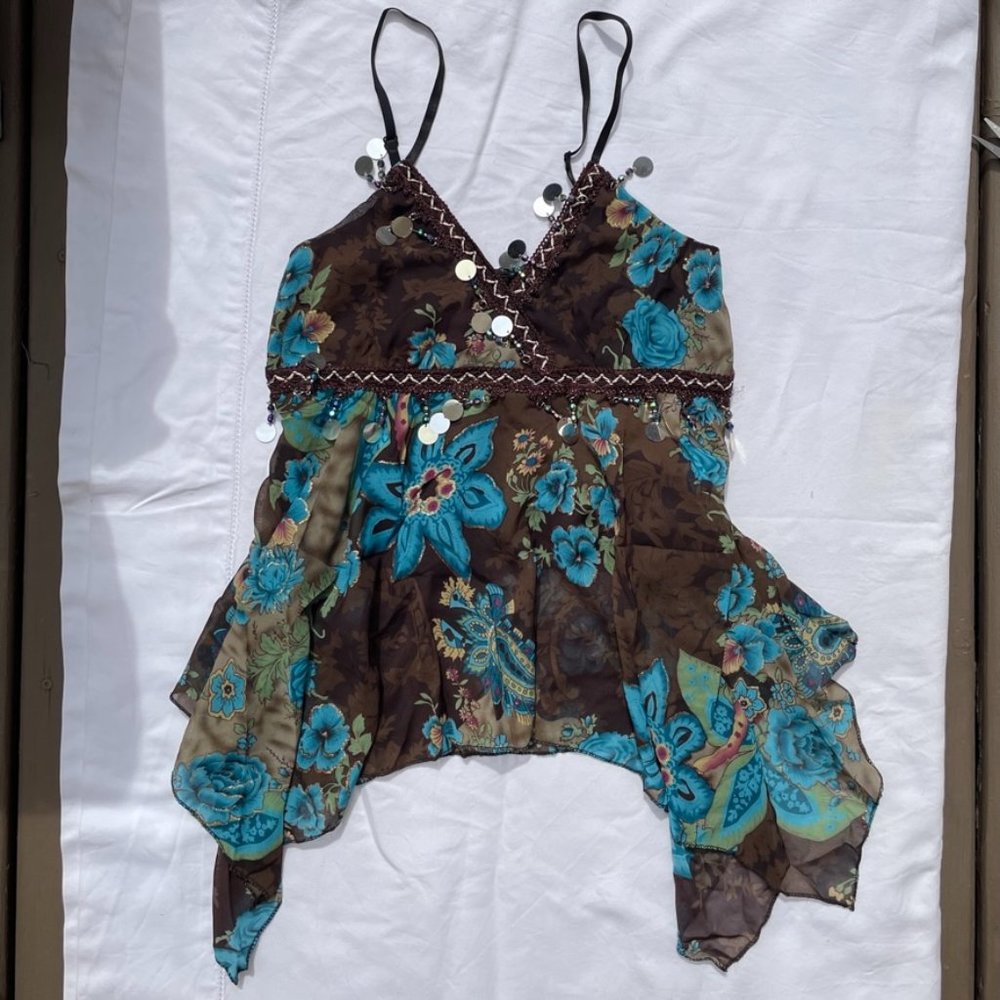 Blue Paisley Sheer Asymmetrical Tank Top